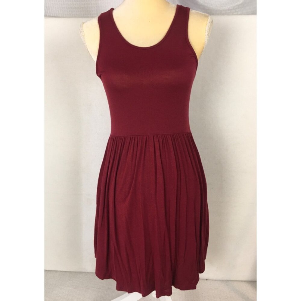 Longyuan Tank Dress Women Size XS Dark Red Sleeveless Scoop Neckline Pockets